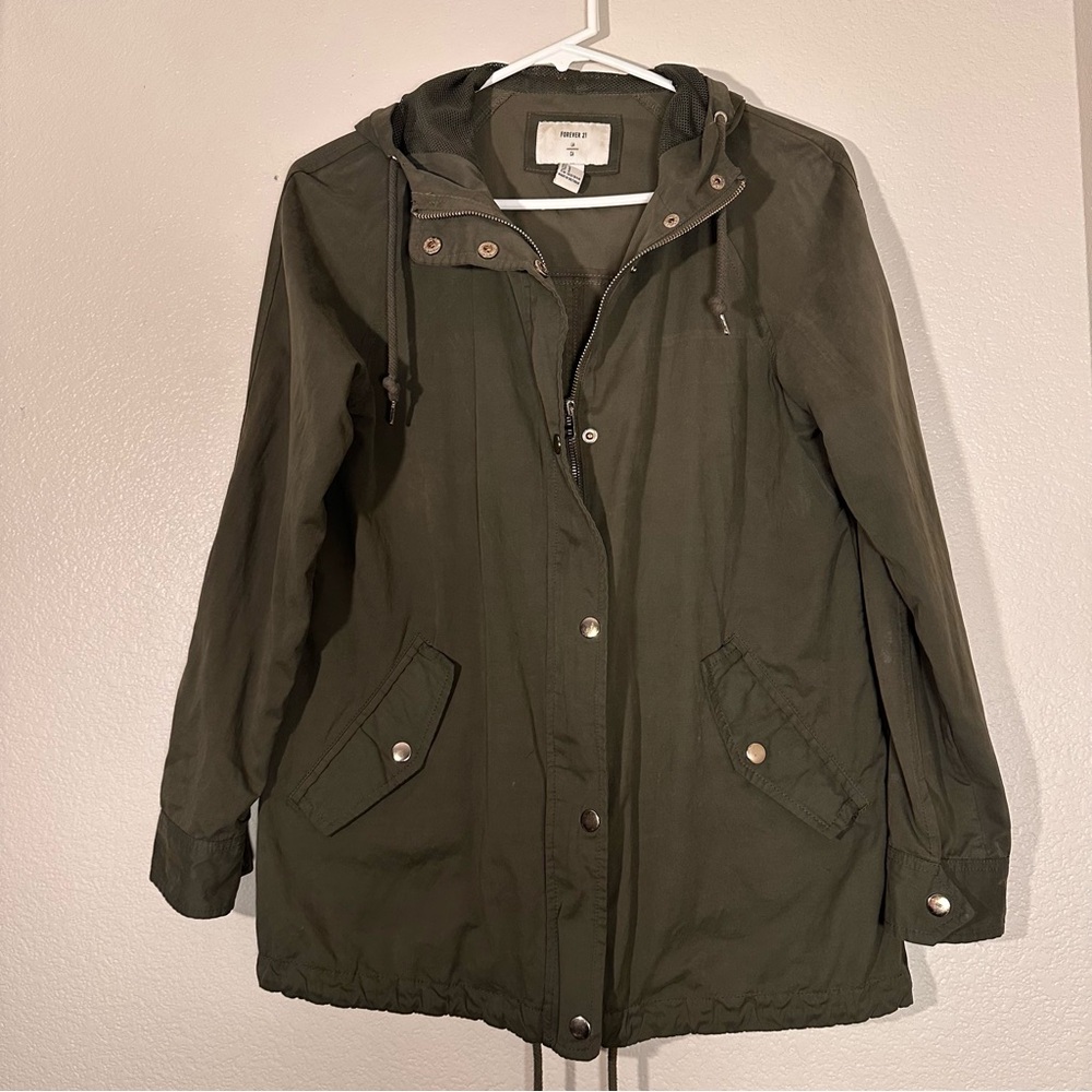 Y2K Forever 21 Olive Green Hooded Jacket Double closure cinch waist S gorpcore